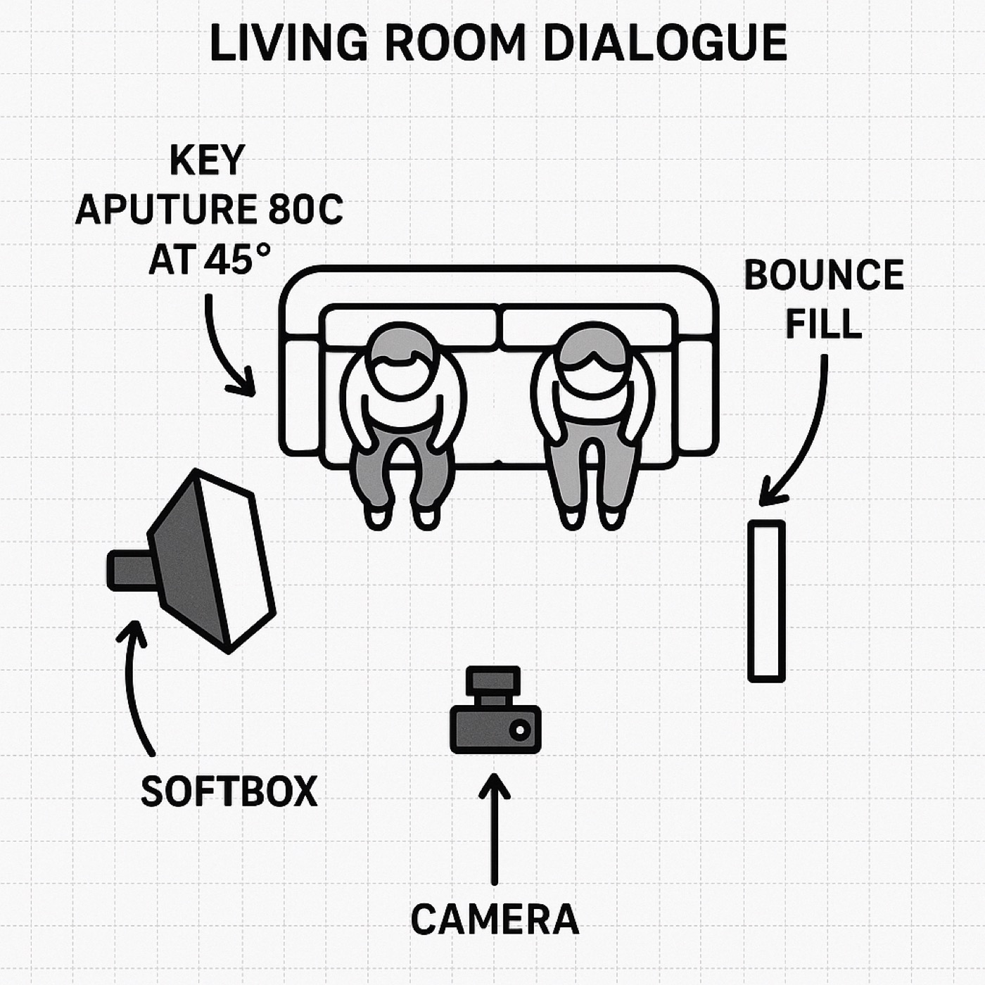 Overhead diagram showing two actors on a sofa with an Aputure 80c key light and bounce fill